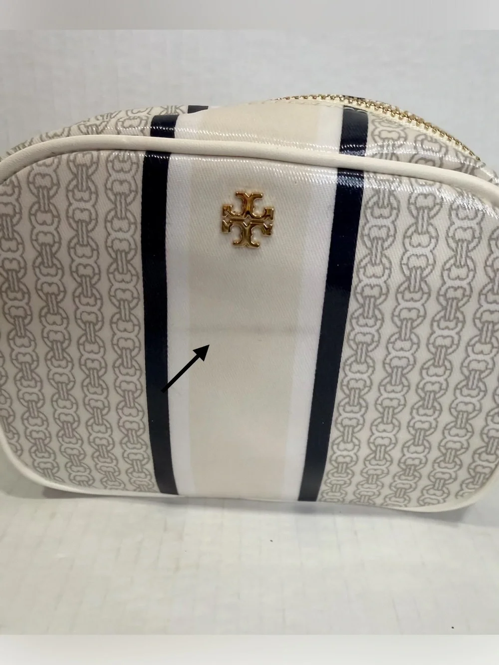 Blue Tory Burch Gemini Link Stripe Makeup Bag With vertical striped design